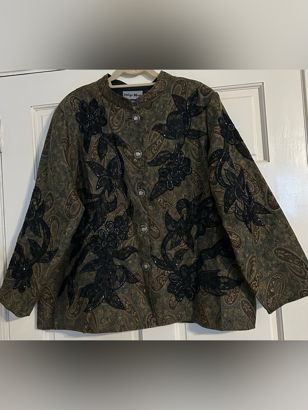 VTG Indigo Moon Tapestry Blazer Jacket Green Paisley Appliqué Beaded 2X